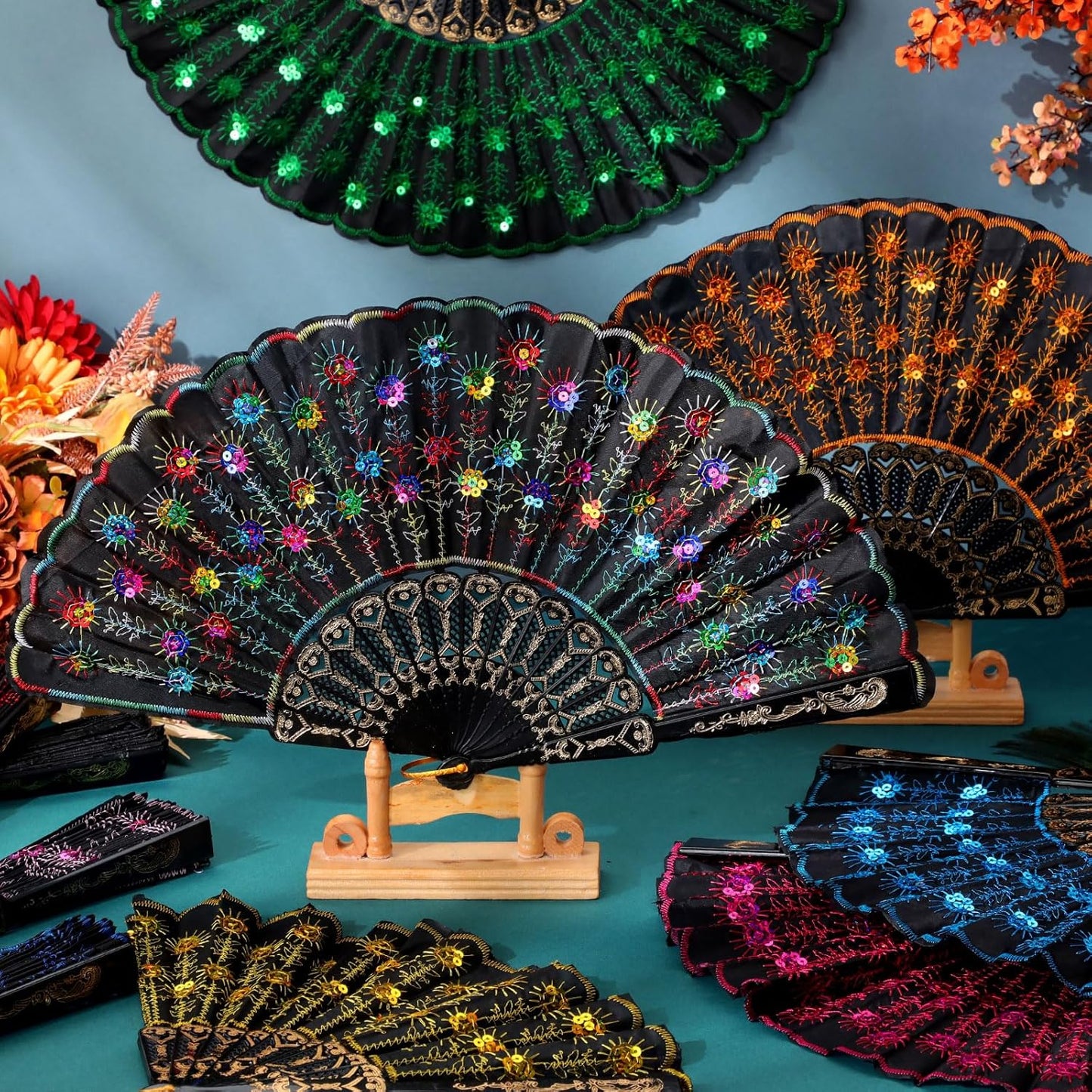Geetery 30 Pcs Folding Hand Fan for Line Dancing Spanish Boots on The Ground Fans Gifts Bulk Colorful Silk Popping Rave for Women Tea Party Wedding Church Halloween Costume(Embroidery,Vintage Colors)