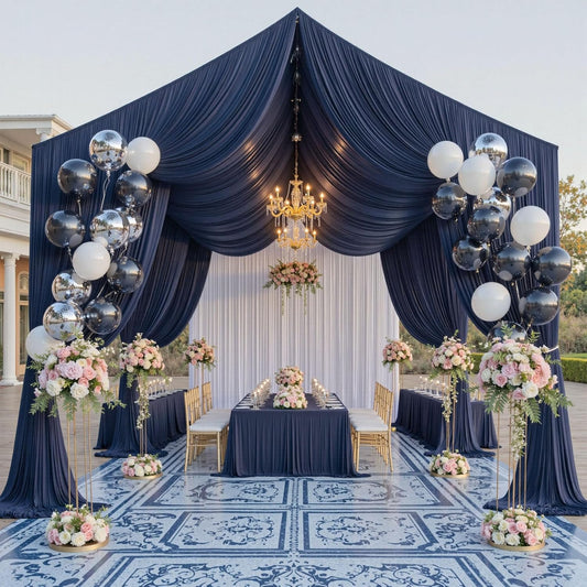 PartyVillage 20ftx40ft Navy Blue Ceiling Curtain for Wedding Parties – 4 Panels Wrinkle-Free 40 FT Long Tent Draping Curtains for Wedding, Birthday & Theme Parties, 40ft Height with Rod Pocket