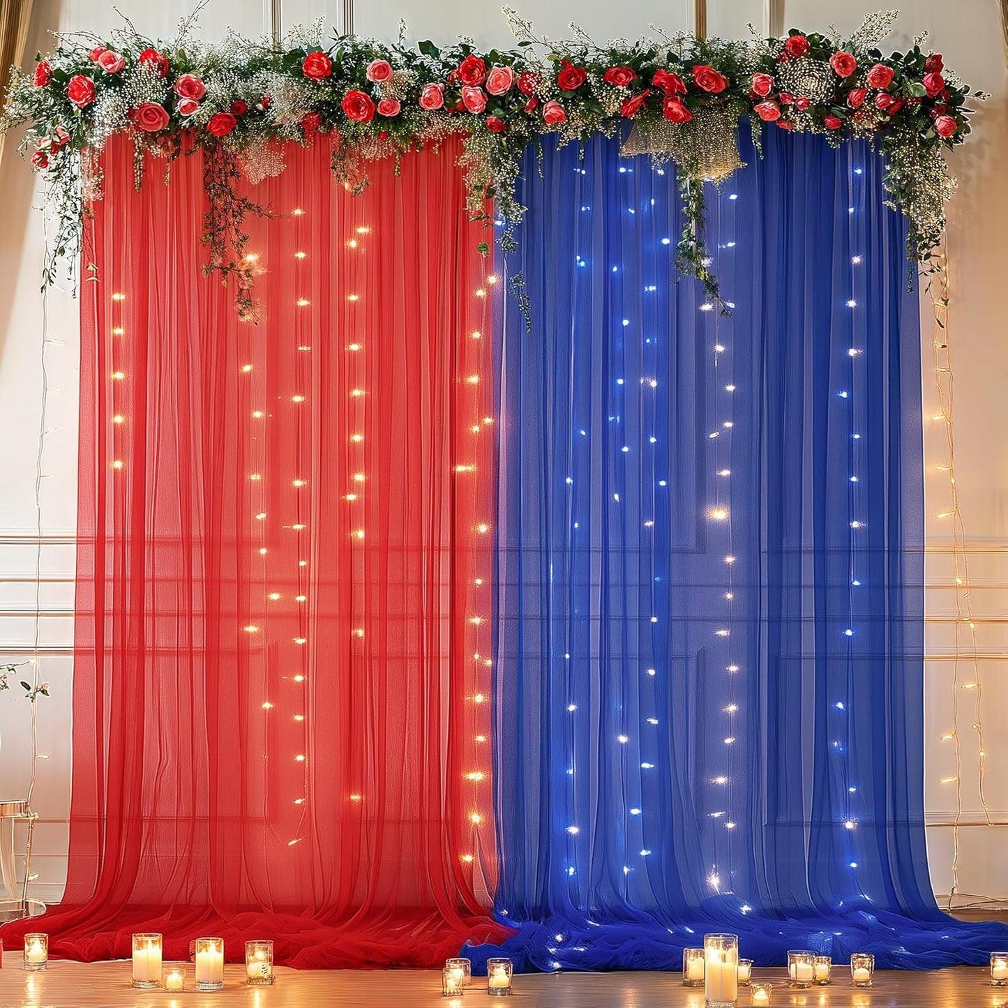 10×10ft Royal Blue Red Tulle Backdrop Curtain with Lights String for Parties, Sheer Photo Backdrop Curtains for Wedding Party Photography Background
