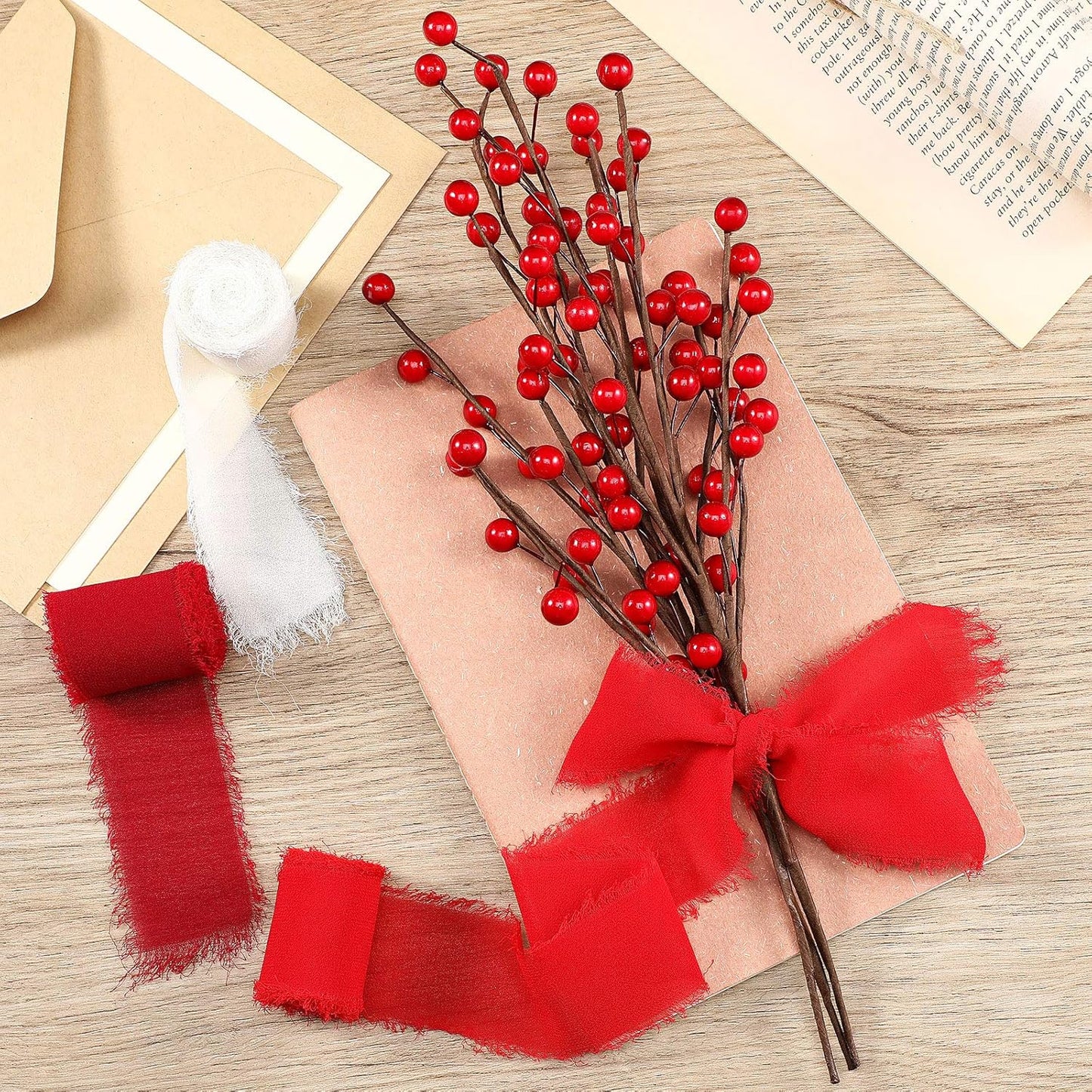 6 Rolls Handmade Fringe Chiffon Silk Ribbon 1.5" x 3 Yd Colorful Ribbon for Wedding Invitations, Bridal Bouquets, Gifts Wrapping, DIY Crafts (Red and Green Set)