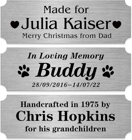Personalized Name Plates, Silver Engraved Plaque, Stainless Steel Trophy Plates Engraved, Custom Name Plate with Adhesive Backing or Screws, 6" W x 2" H