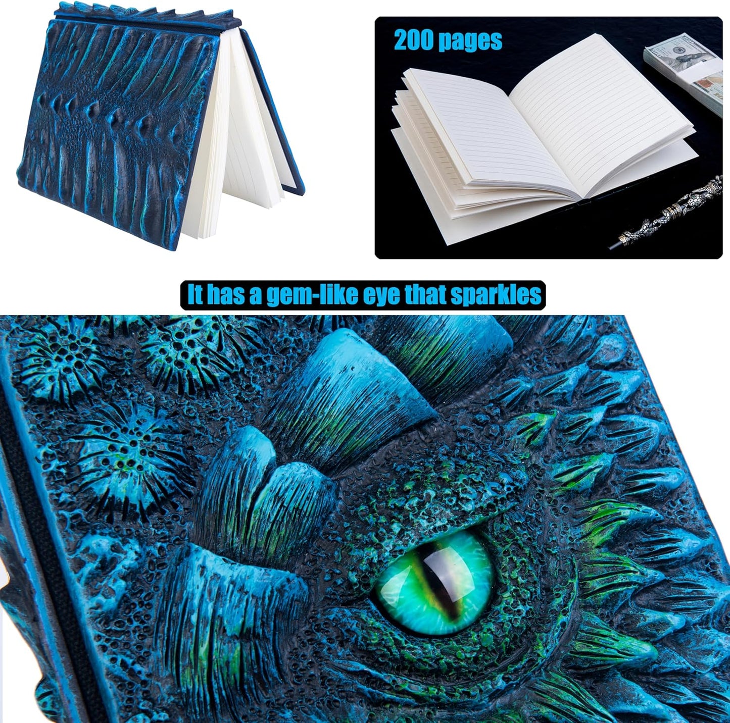 3D Dragon Eye Embossed Journal,Resin Engraving Notebook,Dnd notebook for Dragon Lovers ，Blank Paper,Hardcover Travel Notepad for Writing,Sketchbook,Collection,Gift,Decoration A4 and A5 Size (A5-Blue-Lined-Brooch)