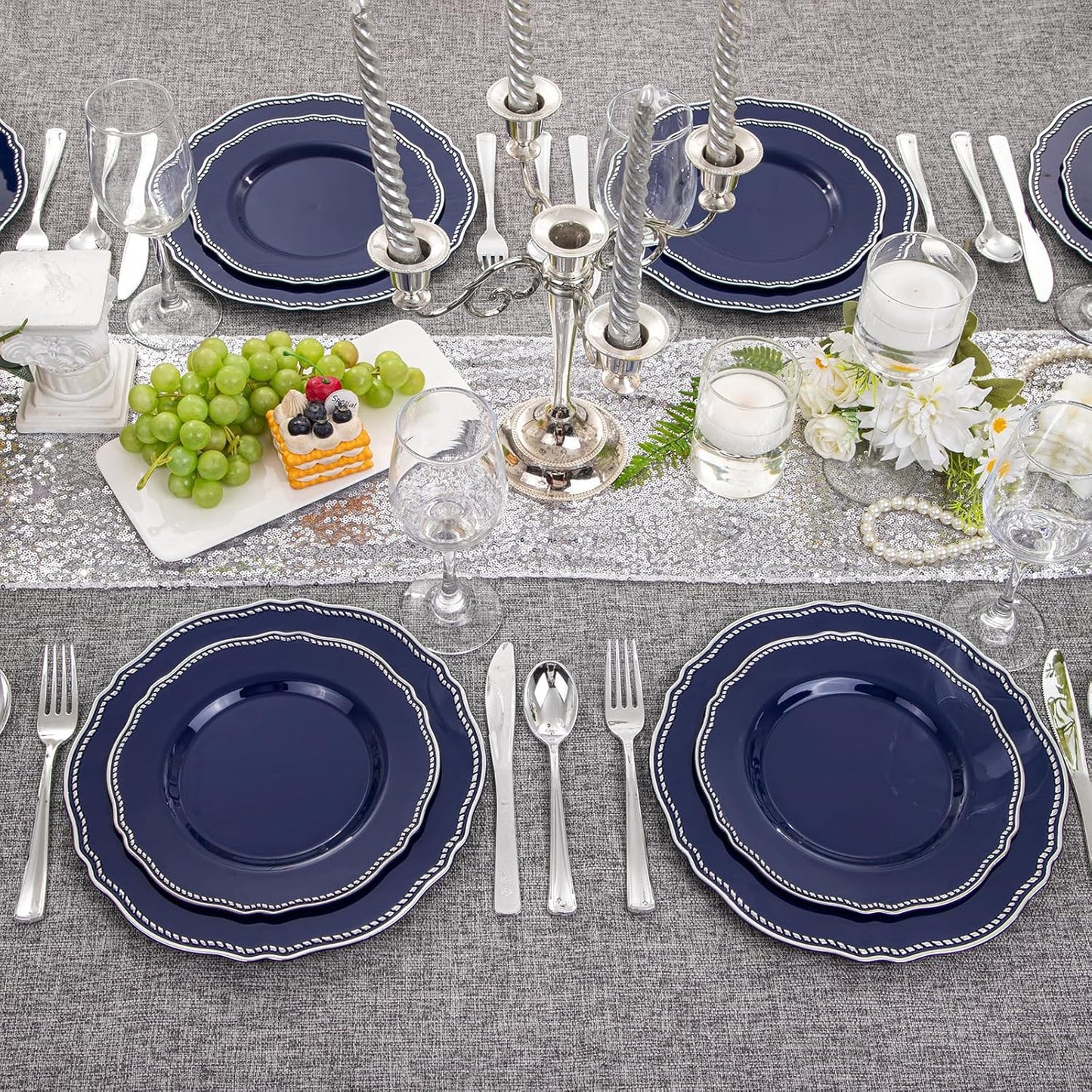 Hioasis 60pcs Blue Plastic Plates - Blue and Silver Disposable Dinnerware with Gold Rim, Heavy-duty, 7.5 inch, Dessert Plates for Party & Wedding