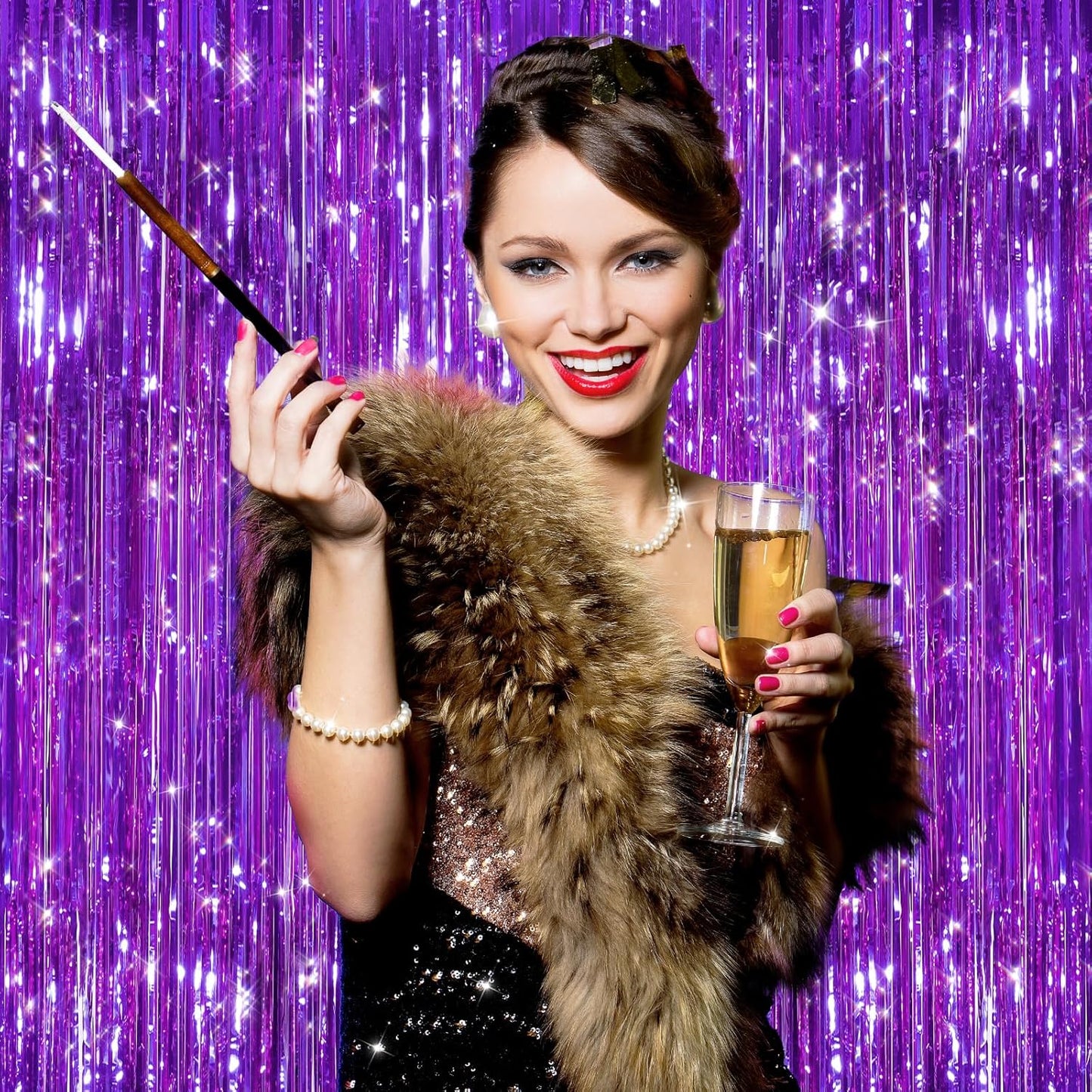 GCB 2Pack Purple Metallic Tinsel Foil Fringe Curtains, Door Streamers Photo Booth Backdrop for Birthday Party Wedding, Purple Curtain Backdrop for Baby Shower Bachelorette Christmas Party Decorations