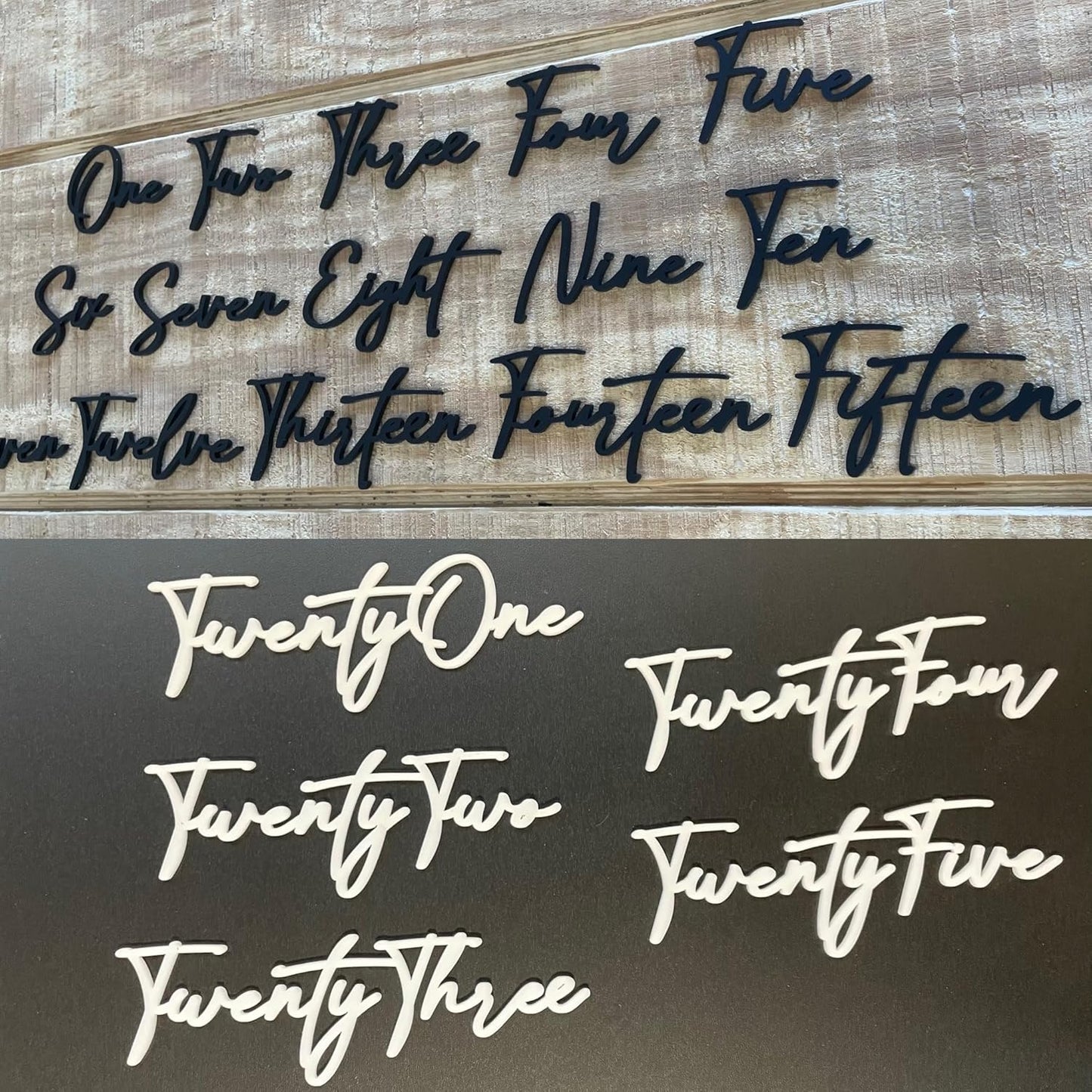 Cursive Wedding Table Number SET, DIY thin modern Black or White acrylic cutouts with silicone glue included. Words only, no backing (One - Twenty Five, Gloss White)