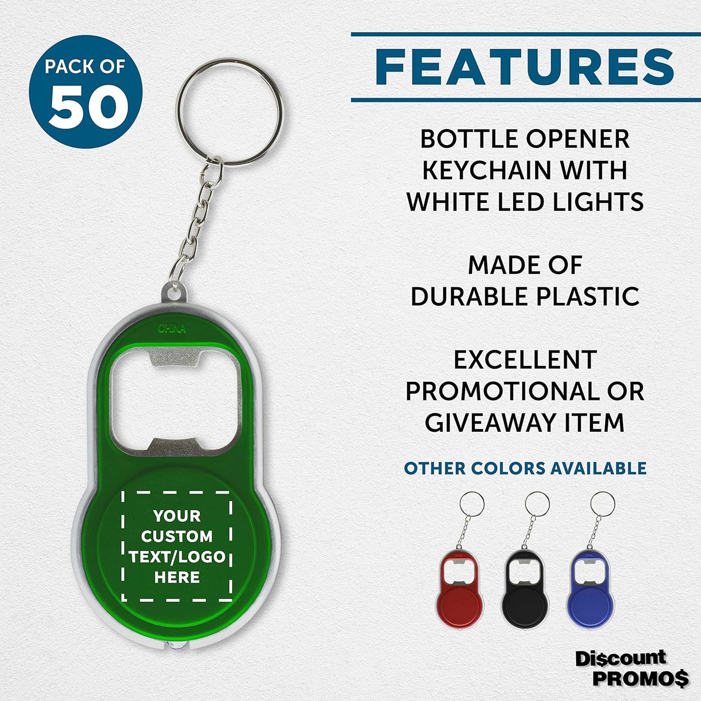 DISCOUNT PROMOS Custom Bottle Opener & LED Keychains Set of 50, Personalized Bulk Pack - Perfect for Tradeshows, Party Favors, Other Events - Green
