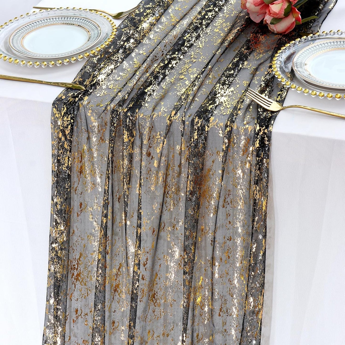 LOMOHOO 10 Ft Black Table Runner, Black Sheer Sequin Table Runners 120 Inches Long Glitter Metallic Foil Lace Fabric Table Decor for Birthday Party Wedding Anniversary Centerpiece (2pcs)