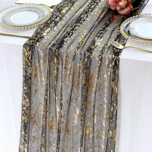 LOMOHOO 10 Ft Black Table Runner, Black Sheer Sequin Table Runners 120 Inches Long Glitter Metallic Foil Lace Fabric Table Decor for Birthday Party Wedding Anniversary Centerpiece (2pcs)