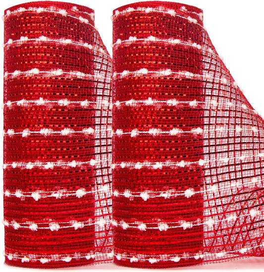 Ribbli Christmas Tree Ribbon Garland-2 Rolls Snowball Red Mesh,10 Inch x 30 feet(10Yard) Each Roll,Red with Cotton Snowball, Christmas Ribbon for Wreath Swags and Tree