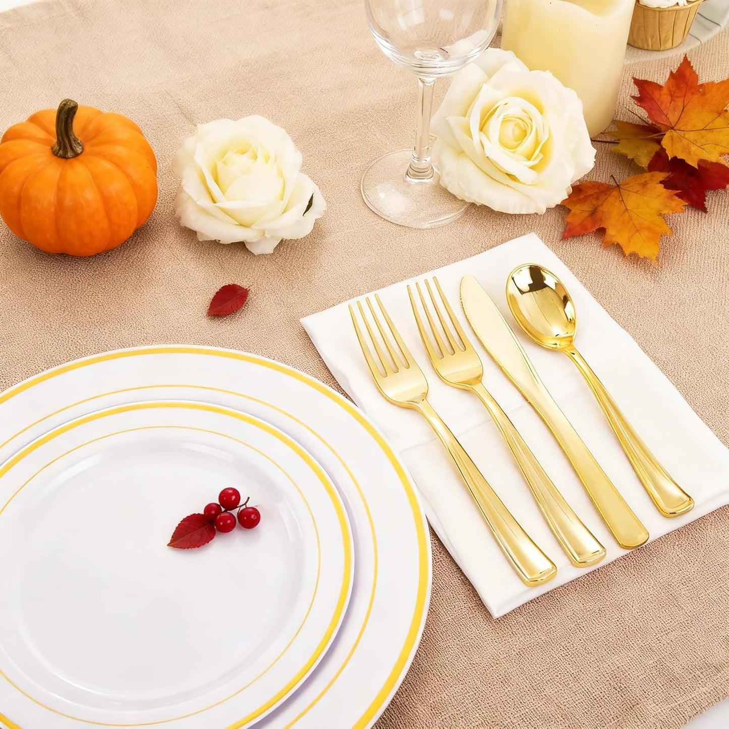 WDF 120 Pieces Gold Plastic Silverware - Disposable Flatware Set - Heavy Duty Thanksgiving Plastic Cutlery - Silverware Includes 40 Forks, 40 Spoons, 40 Knives