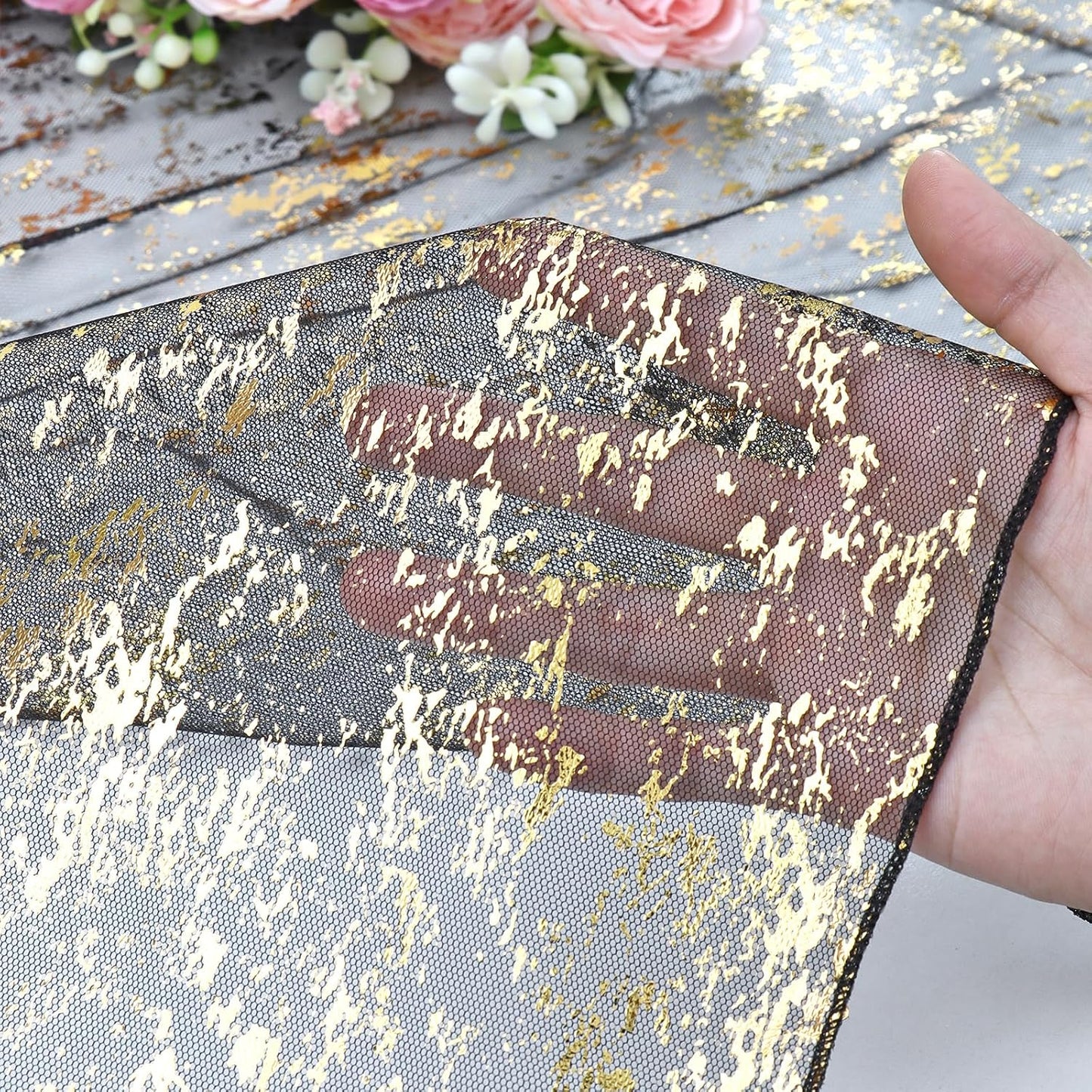 LOMOHOO 10 Ft Black Table Runner, Black Sheer Sequin Table Runners 120 Inches Long Glitter Metallic Foil Lace Fabric Table Decor for Birthday Party Wedding Anniversary Centerpiece (1pcs)