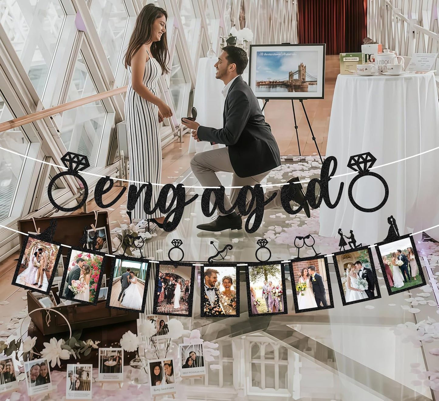 Pre-Strung Engaged Photo Banner - Black Glitter Engagement Party Decoration Supplies with Romantic Memories Picture Card Frames for Bachelorette, Bridal Shower, Wedding Party Photo Booth Props