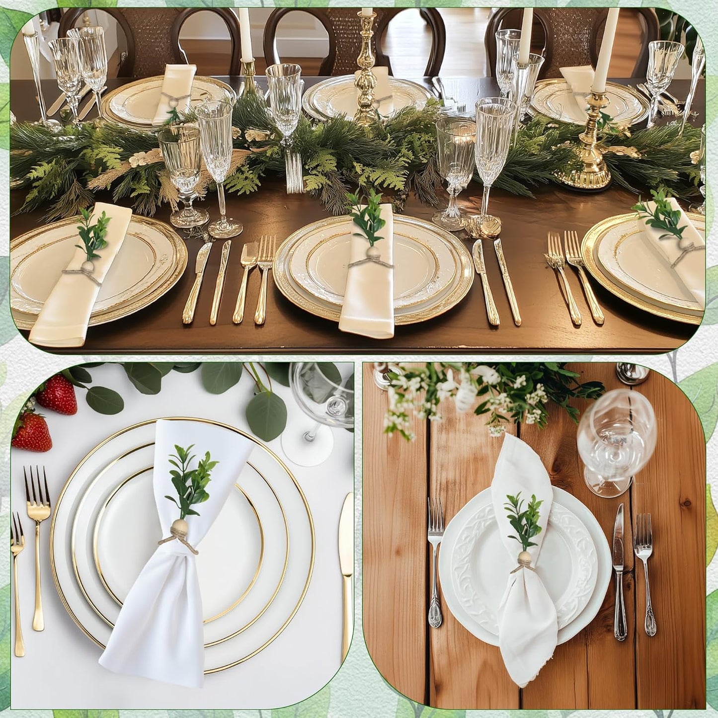 MAOANME Napkin Rings Set of 12, Rustic Eucalyptus Napkin Holder Rings with Wood Bead, Farmhouse Green Leaf Napkin Ring Bulk, Boho Napkin Ring for Wedding, Table Decor