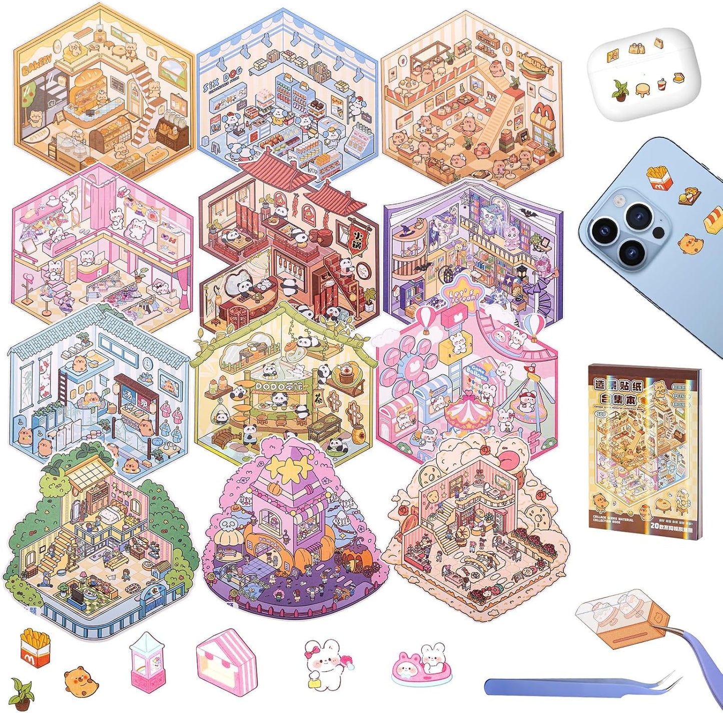 20 Sets 3D House Stickers with Metal Tweezers | DIY Miniature House Scenes Kit for Adults, Cute 3D Cartoon Scene Stickers | Therapy Craft, Relief Stress Pass The Time