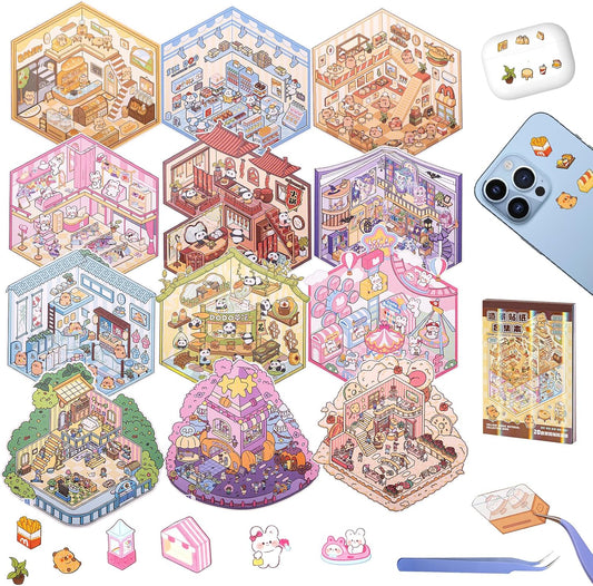 20 Sets 3D House Stickers with Metal Tweezers | DIY Miniature House Scenes Kit for Adults, Cute 3D Cartoon Scene Stickers | Therapy Craft, Relief Stress Pass The Time