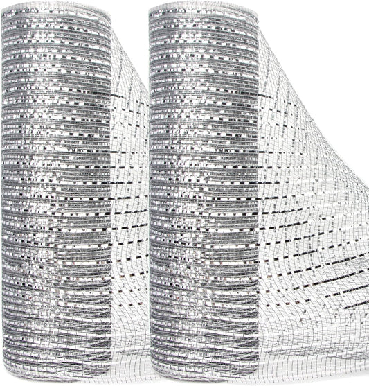 Ribbli 2 Rolls Silver Mesh Ribbon,10 inch x 30 feet(10Yard) Each Roll,Metallic Lt.Silver with Wide Silver Foil,Valentine's Day Ribbon for Wreath Swags and Decorating
