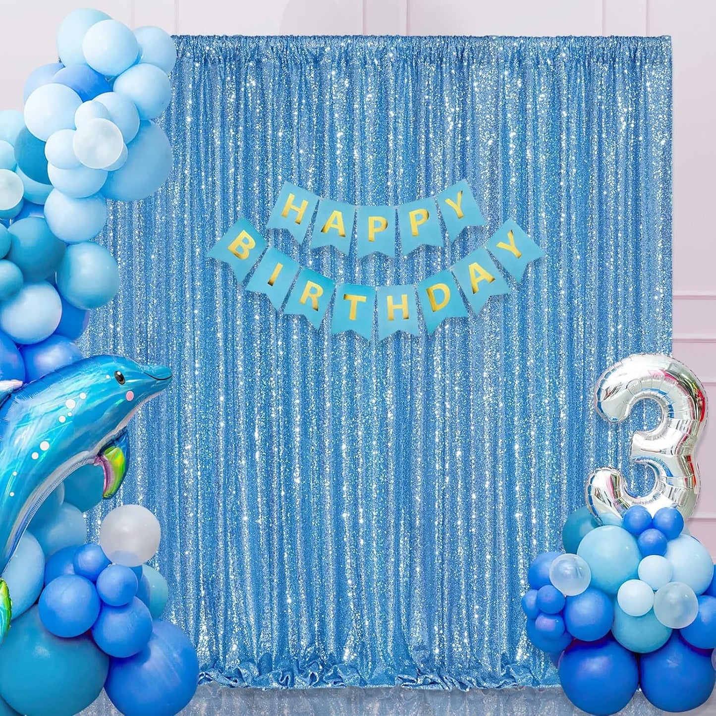 Baby Blue Sequin Backdrop Curtain 7ft x 7ft Glitter Photo Background for Wedding Baby Shower Party Stage Decorations