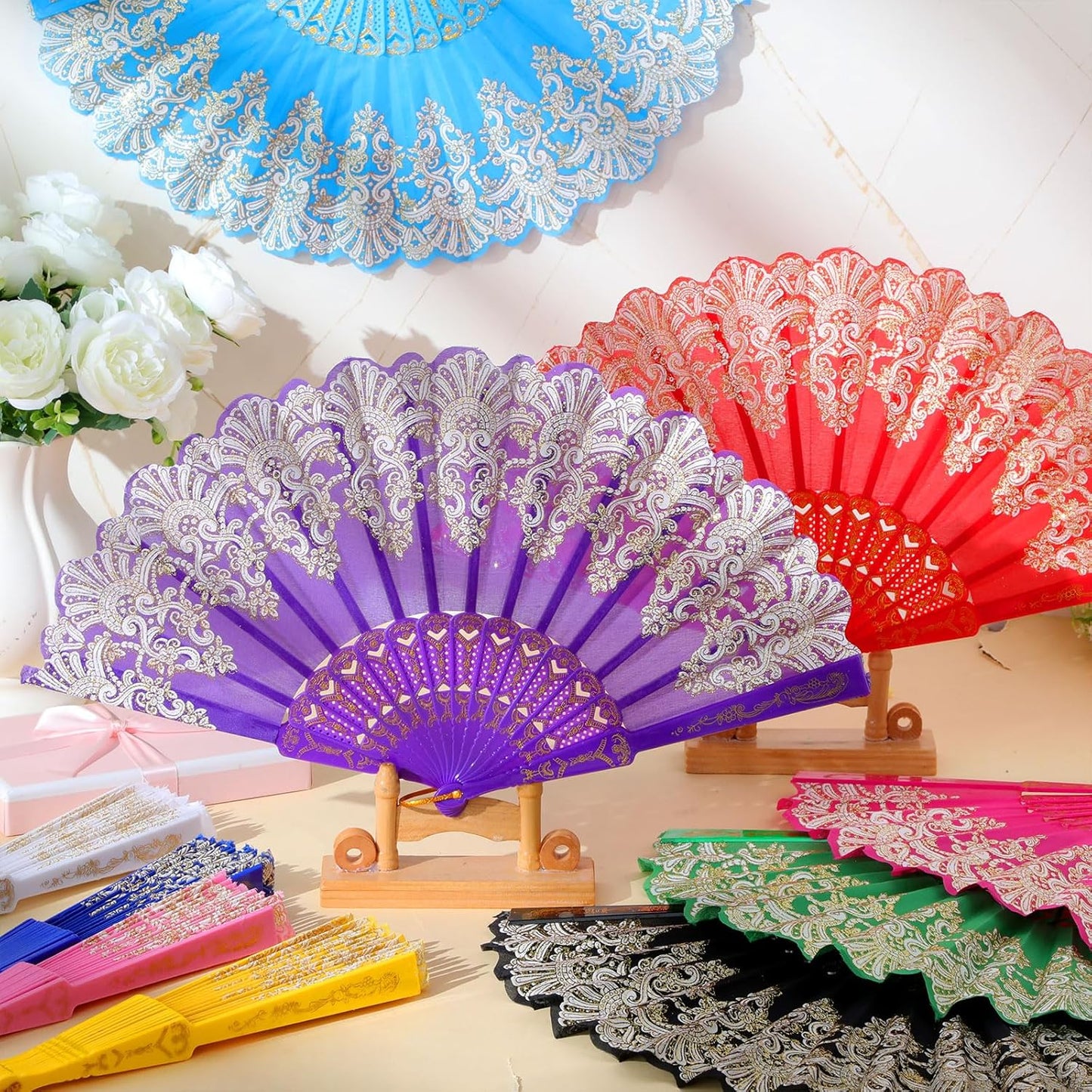 Geetery 30 Pcs Folding Hand Fan for Line Dancing Spanish Boots on The Ground Fans Gifts Bulk Colorful Silk Popping Rave for Women Tea Party Wedding Church Halloween Costume(Embroidery,Elegant Colors)