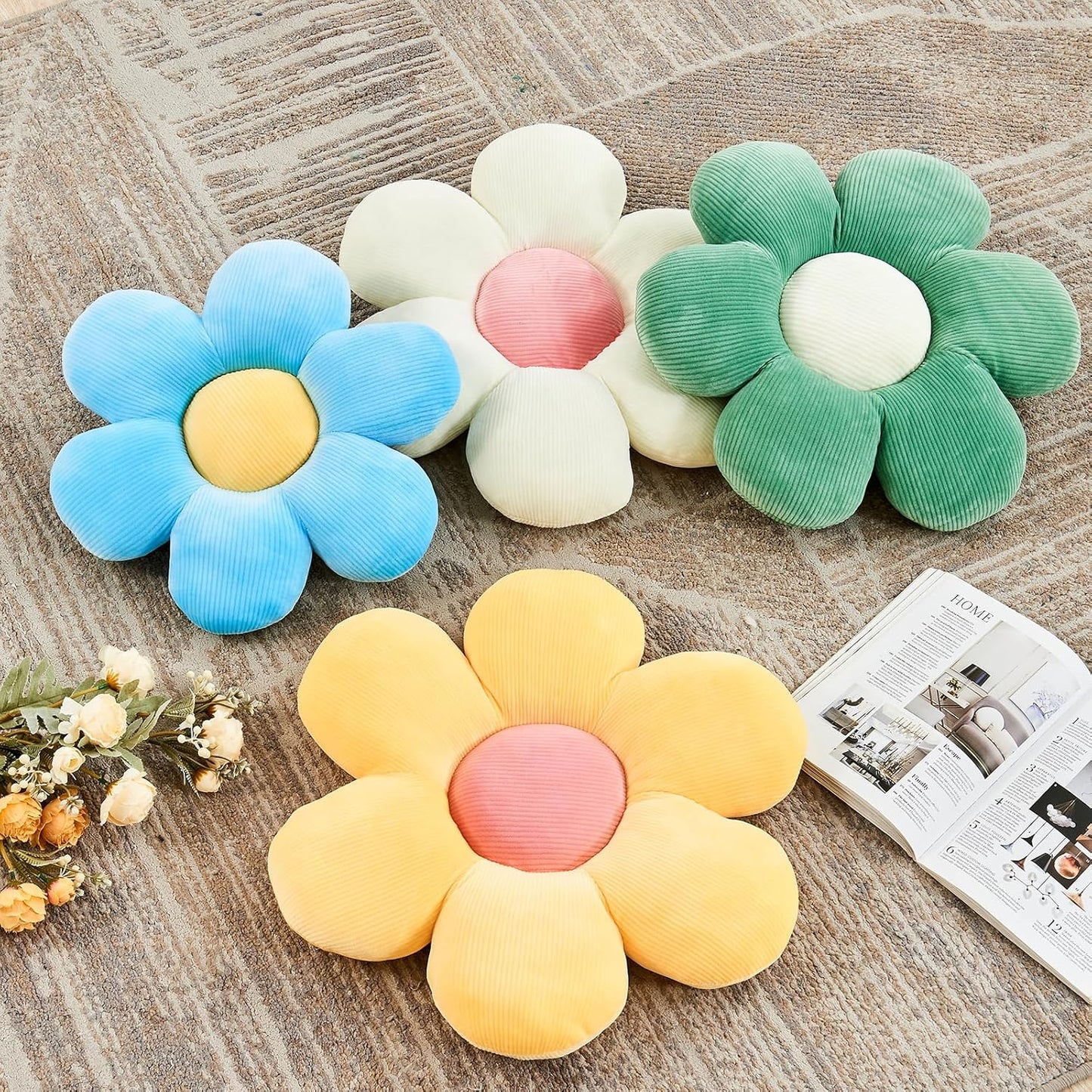 Blue Flower Pillow, 19.6" Cute Flower Shaped Floor Pillow, Aesthetic Floral Plush Daisy Decorative Throw Pillows for Bed Sofa Couch