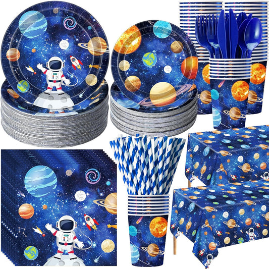 452 Pcs Space Birthday Party Decorations for 50, Solar System Paper Plates Napkins Cups Tablecloth Cutlery Straws Astronaut Tableware Set for Birthday Baby Shower Party Supplies