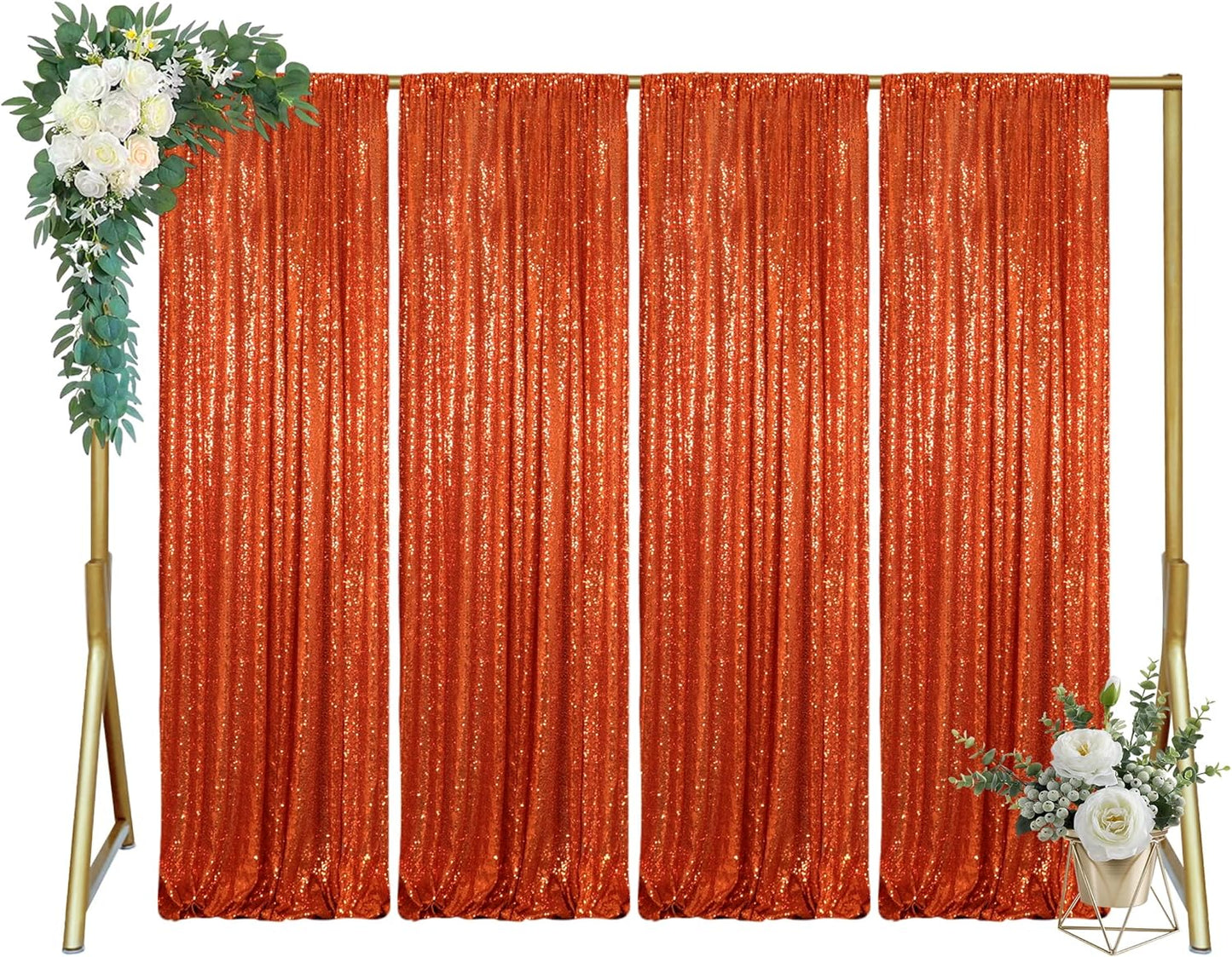 ShinyBeauty 4x10ft Sequin Backdrop Curtains - 4-Panel Orange Glitter Photography Background for Parties, Halloween, Christmas Decor (Reusable)