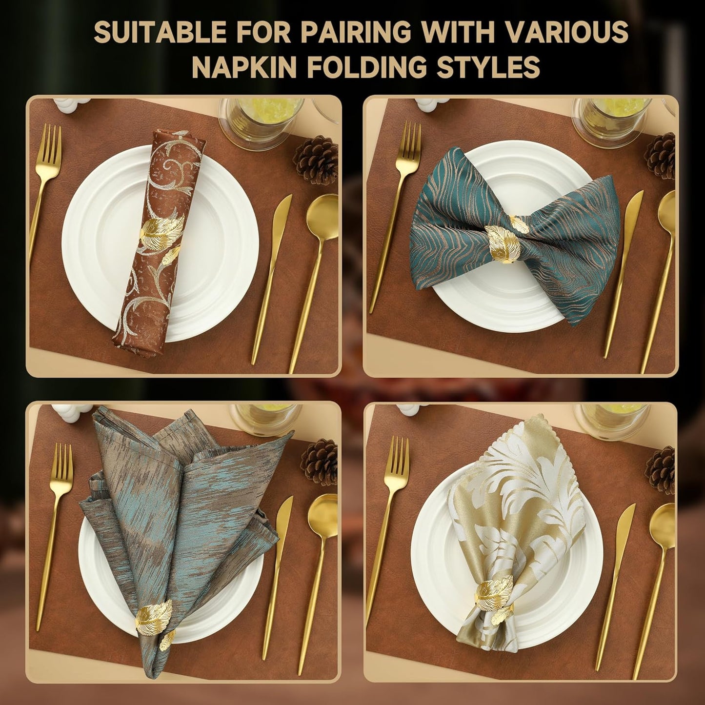 Gold Napkin Rings, Shiny Metal Napkin Rings Set of 12, Study Leaf Shaped Table Decor, Stylish Fall Napkin Ring Bulk for Christmas, Easter, Wedding, Party, Elegant Table Settings Gift Ideas