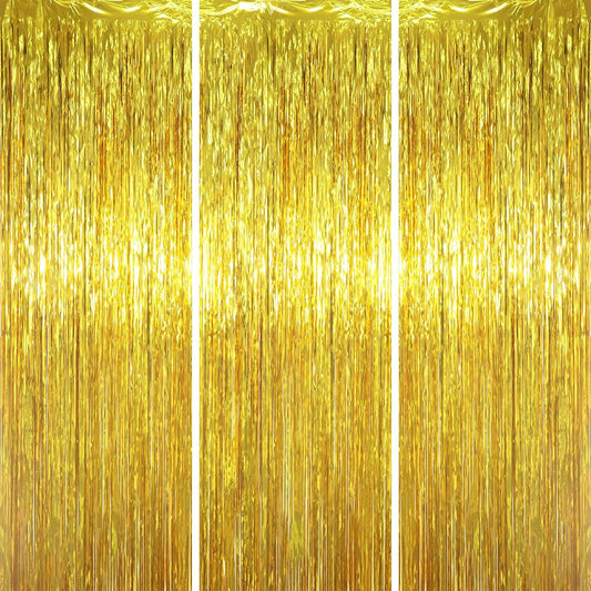3 Pack 3.3 x 6.6 ft Gold Foil Fringe Backdrop Curtains, Tinsel Streamers Party Decorations, Fringe Backdrop for Birthday, Baby Shower, Gender Reveal, Graduation