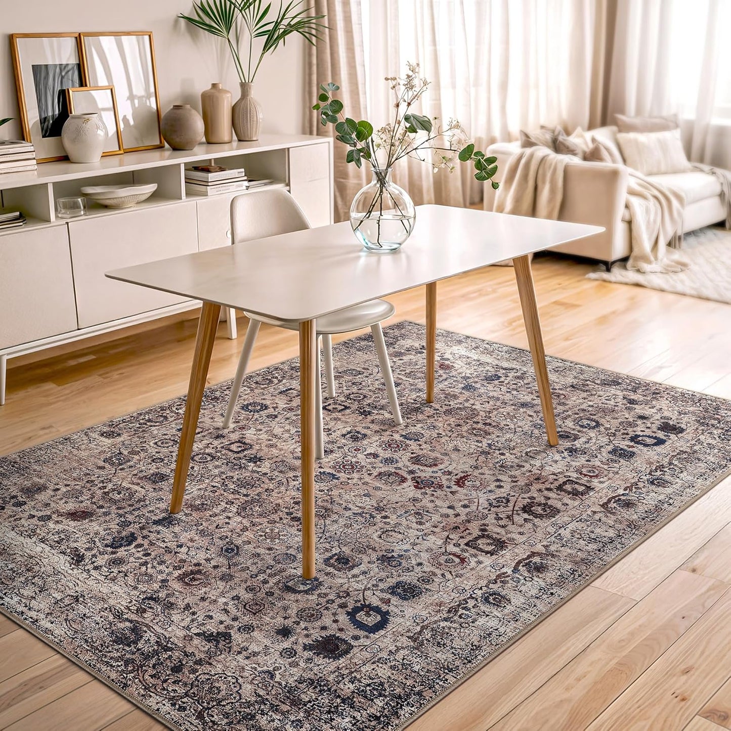 Bloom Rugs Washable Non-Slip 5' x 7' Rug - Light Tan/Blue Traditional Oriental Area Rug for Living Room, Bedroom, Dining Room, and Kitchen - Exact Size: 5' x 7'
