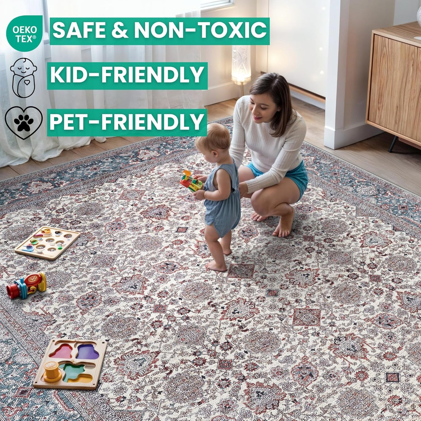 Bloom Rugs Washable Non-Slip 8' x 10' Rug - Teal/Blue/Beige Traditional Oriental Area Rug for Living Room, Bedroom, Dining Room, and Kitchen - Exact Size: 8' x 10'