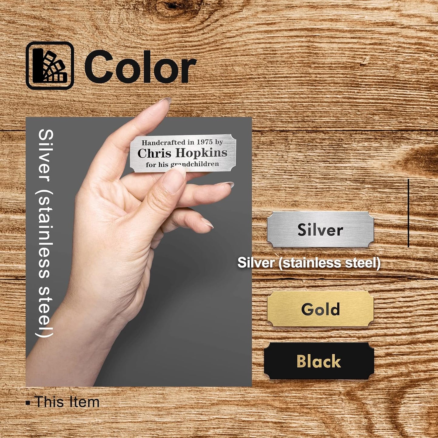 Caramel Sweet Life Personalized Name Plates, Silver Engraved Plaque, Stainless Steel Trophy Plates Engraved, Custom Name Plate with Adhesive Backing or Screws, 3" W x 1" H