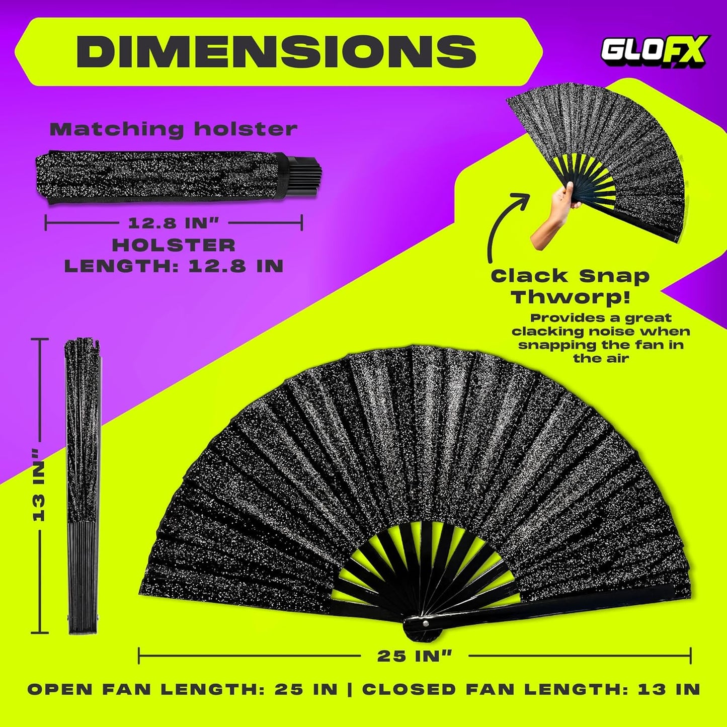 Black Glitter Folding Fan with Holster – Large Handheld Folding Fan with Loud Snap for Festival, Line Dancing, Drag, and Performance – Includes Matching Glitter Belt Holster