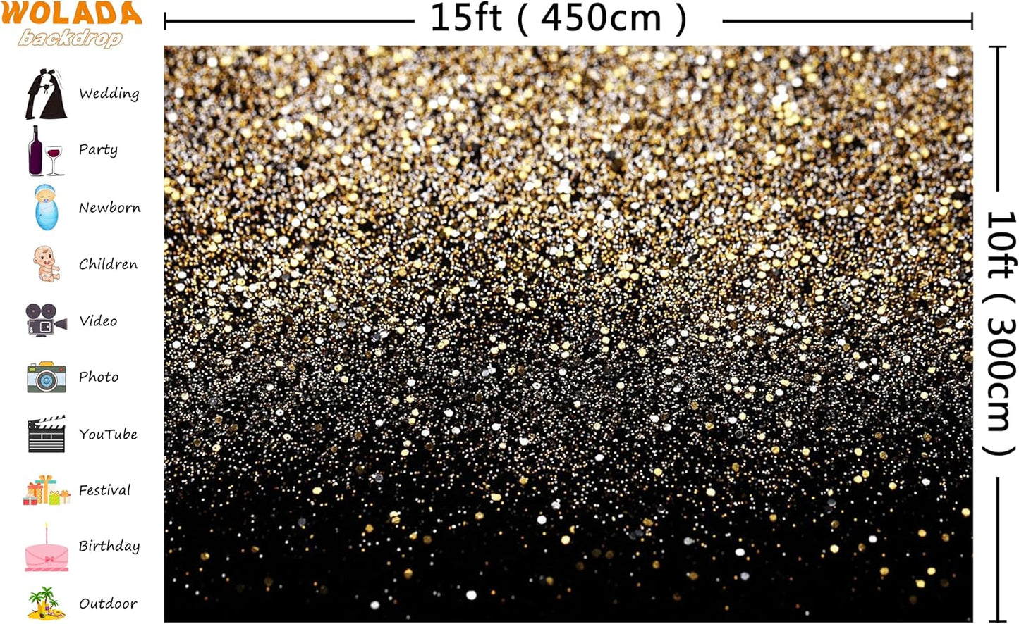 WOLADA Black and Gold Backdrop Golden Glitter Backdrop for Photography Wedding Birthday Baby Shower Party Photo Studio 15x10FT 11176