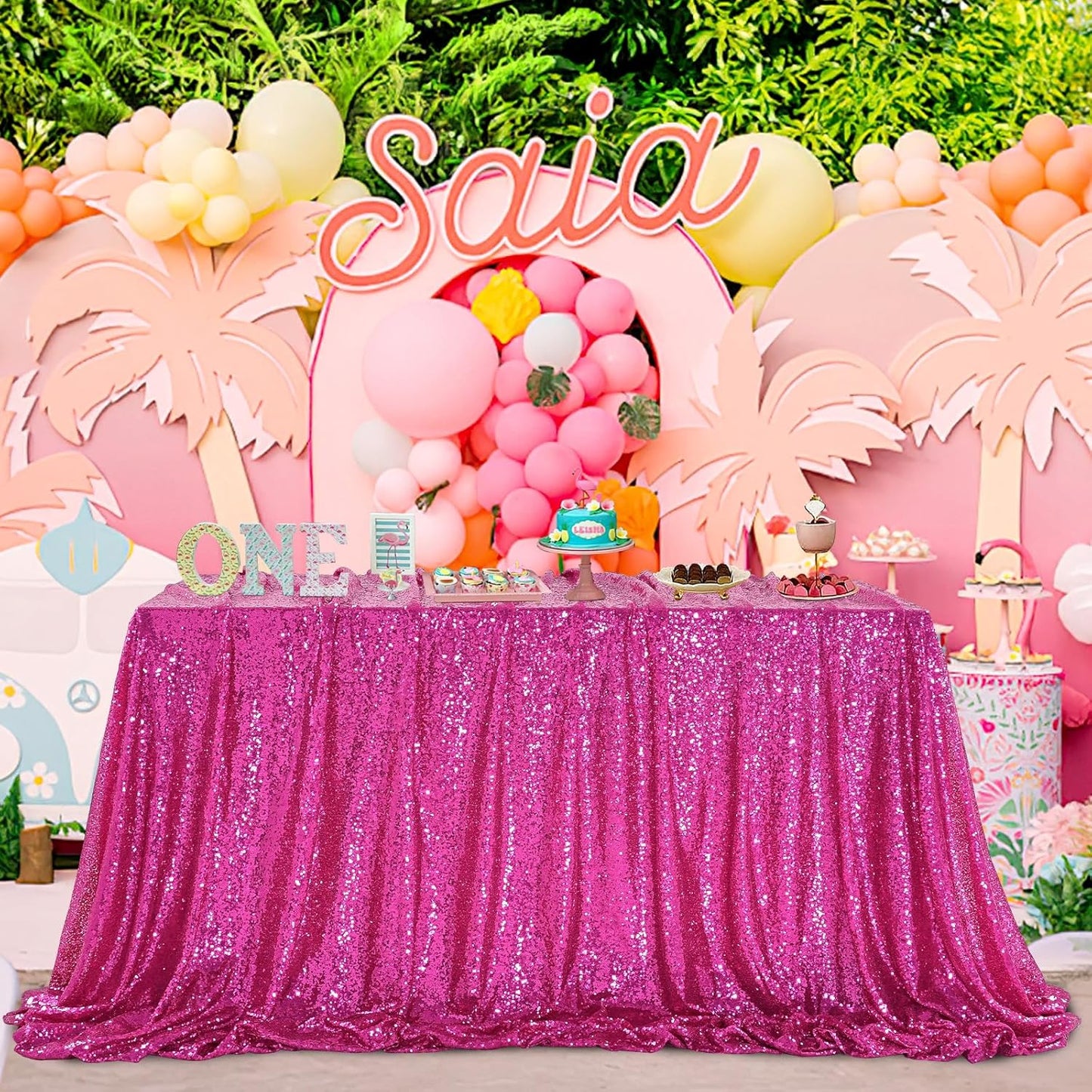 QueenDream Tablecloth Hot Pink Birthday Decorations: 90x90 Inch Sequin Tablecloth Drapes Glitter Fabric Wedding Party Table Overlay