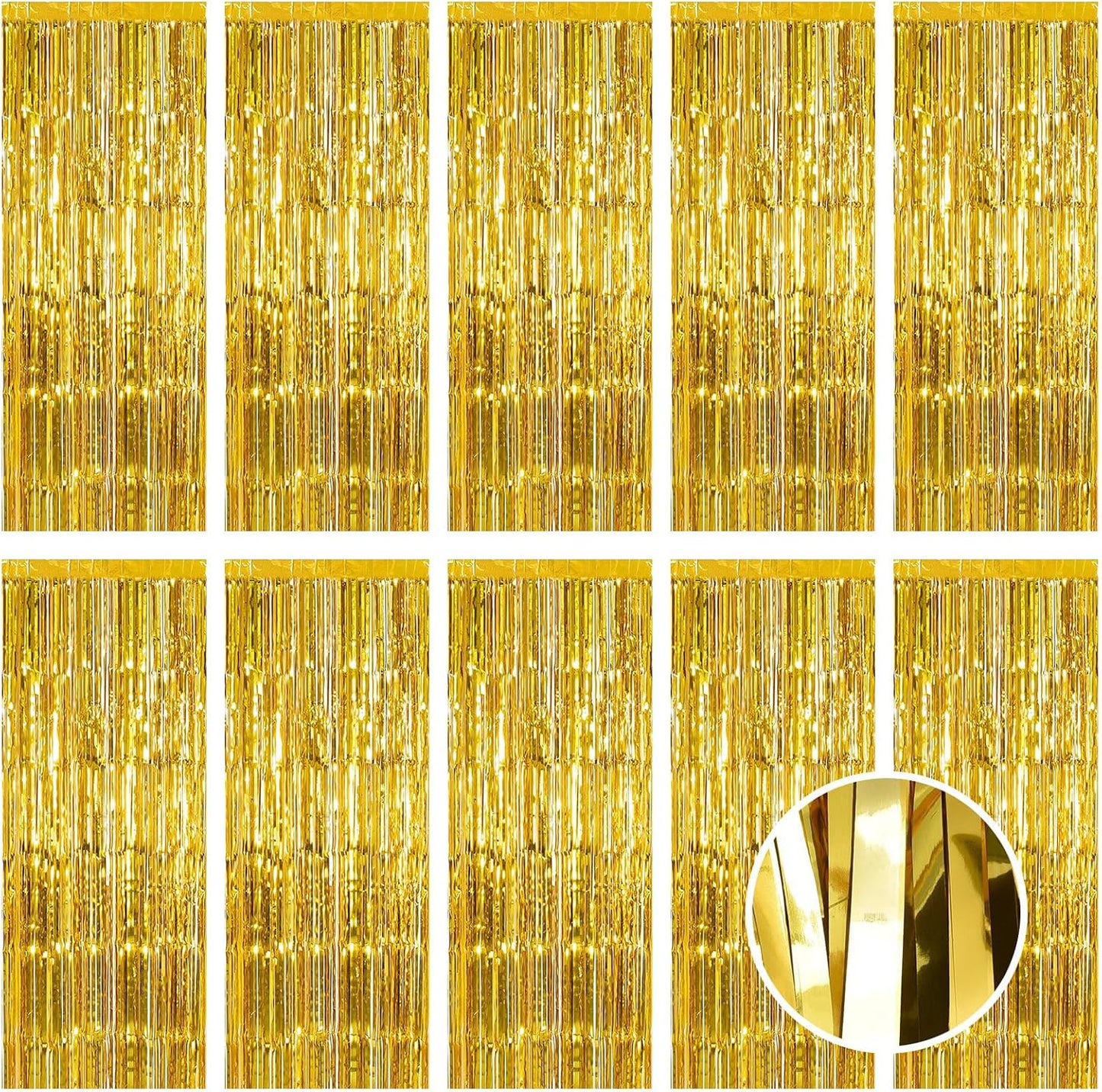 10 Pack Gold Foil Curtain Backdrop 3.2ft x 9.8ft Metallic Tinsel Foil Fringe Curtains Streamer Photo Booth Backdrop for Birthday Party Engagement Bachelorette Party Decorations (Gold)