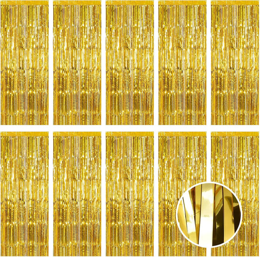 10 Pack Gold Foil Curtain Backdrop 3.2ft x 9.8ft Metallic Tinsel Foil Fringe Curtains Streamer Photo Booth Backdrop for Birthday Party Engagement Bachelorette Party Decorations (Gold)