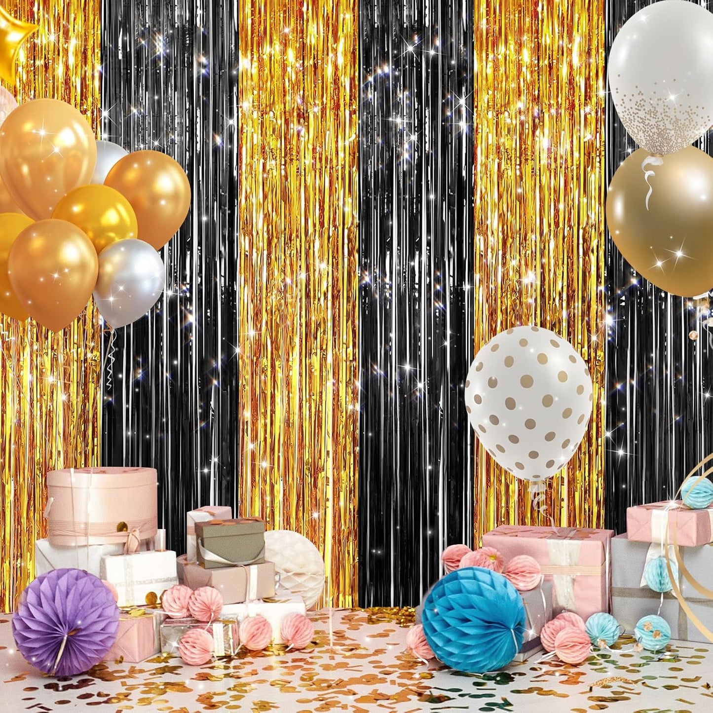 2Pack Black Gold Metallic Tinsel Foil Fringe Curtains, Door Streamers Photo Booth Backdrop for Birthday Party, Tinsel Curtain Backdrop for Wedding Baby Shower Bachelorette Christmas Party Decorations