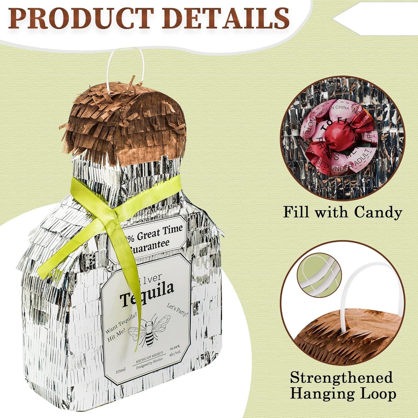 Tequila Bottle Pinata, Silver, Perfect for Birthday Parties, 10.5 x 10.5 x 4 Inches, 5 Pound Capacity, Adult-Party Pinata