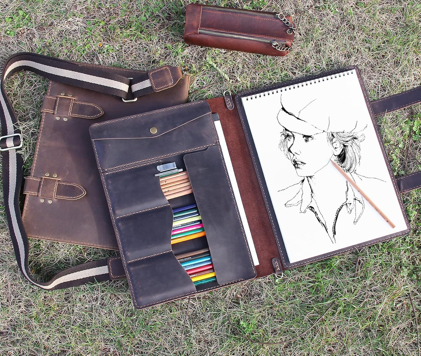 Robrasim Handmade Leather Sketchbook Cover, Artist Sketch Pad Holder for 9"X12" Top Spiral Bound Sketchbook, Drawing Book Pencil Case, Journal Portfolio with Shoulder Strap, Artist Gifts,Coffee
