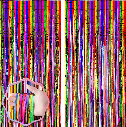 2 Pack 3.3x8.2 Feet Rainbow Foil Fringe Backdrop Curtains, Tinsel Streamers Birthday Party Decorations, Fringe Backdrop for Graduation, Baby Shower, Gender Reveal, Disco Party
