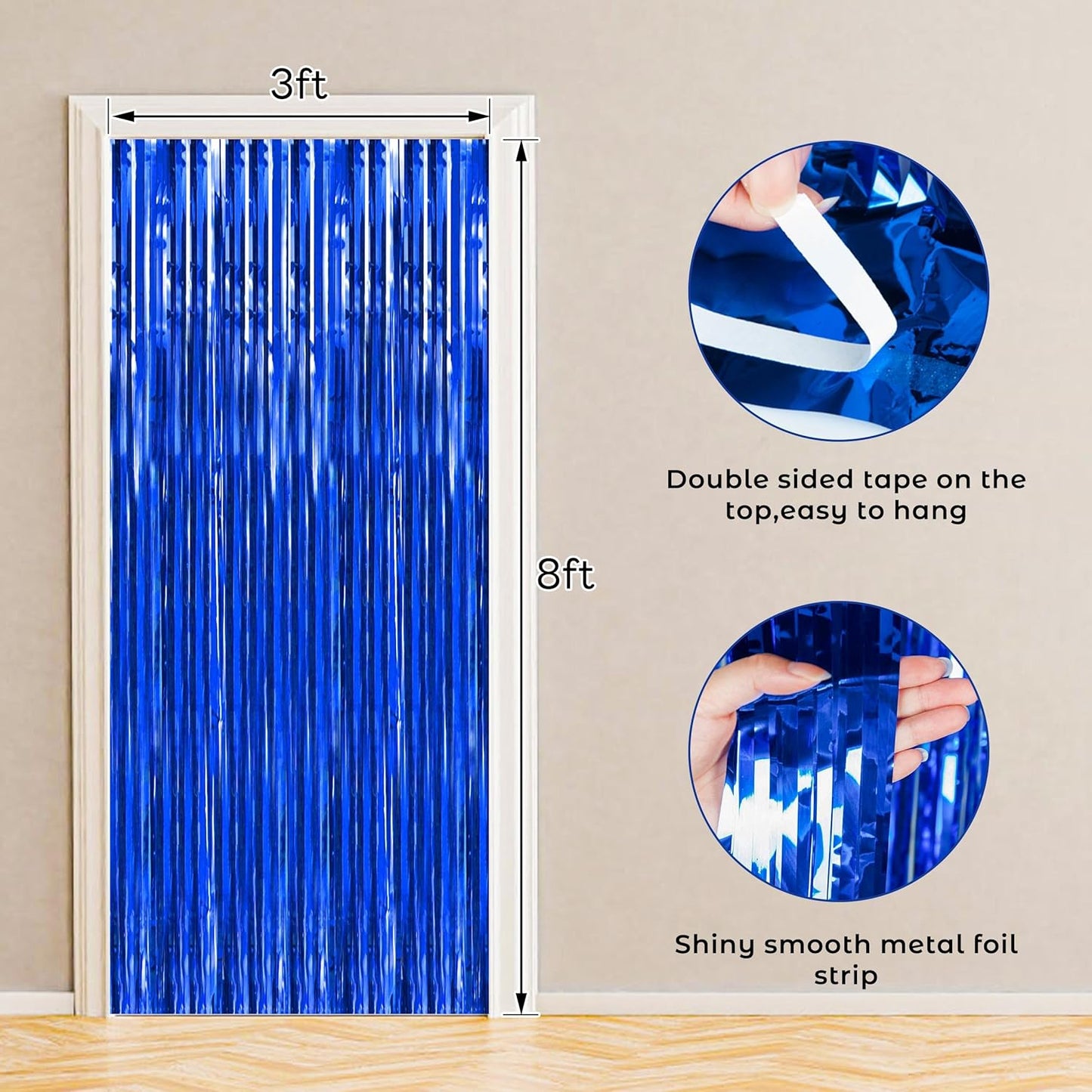 BTSD-home Blue Foil Fringe Curtain, Metallic Photo Booth Backdrop Tinsel Door Curtains for Wedding Birthday Bridal Shower Baby Shower Bachelorette Christmas Party Decorations(4 Pack, 8ft x 3ft)