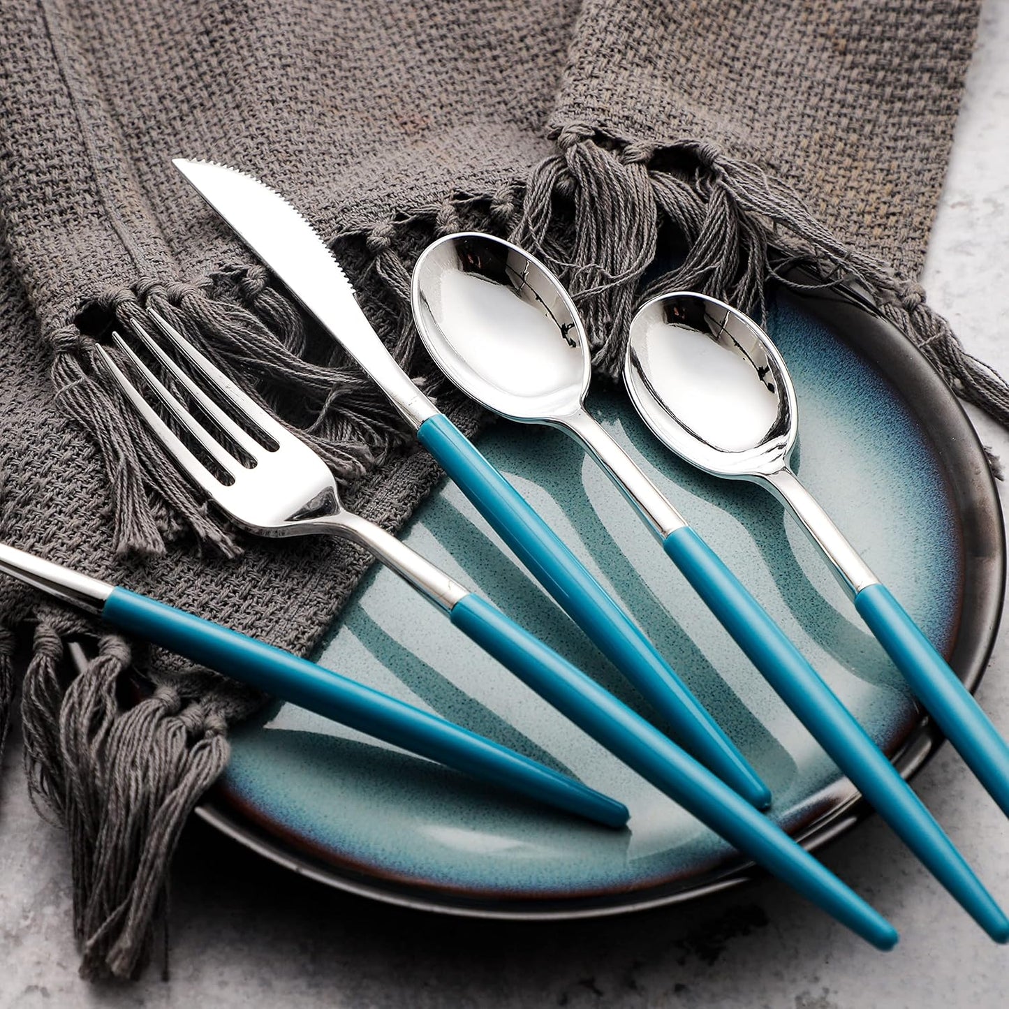 WELLIFE 144Pcs Blue Plastic Silverware, Heavy Duty Plastic Flatware with Blue Handle, Includes 48 Forks,48 Knives,48 Spoons for Party