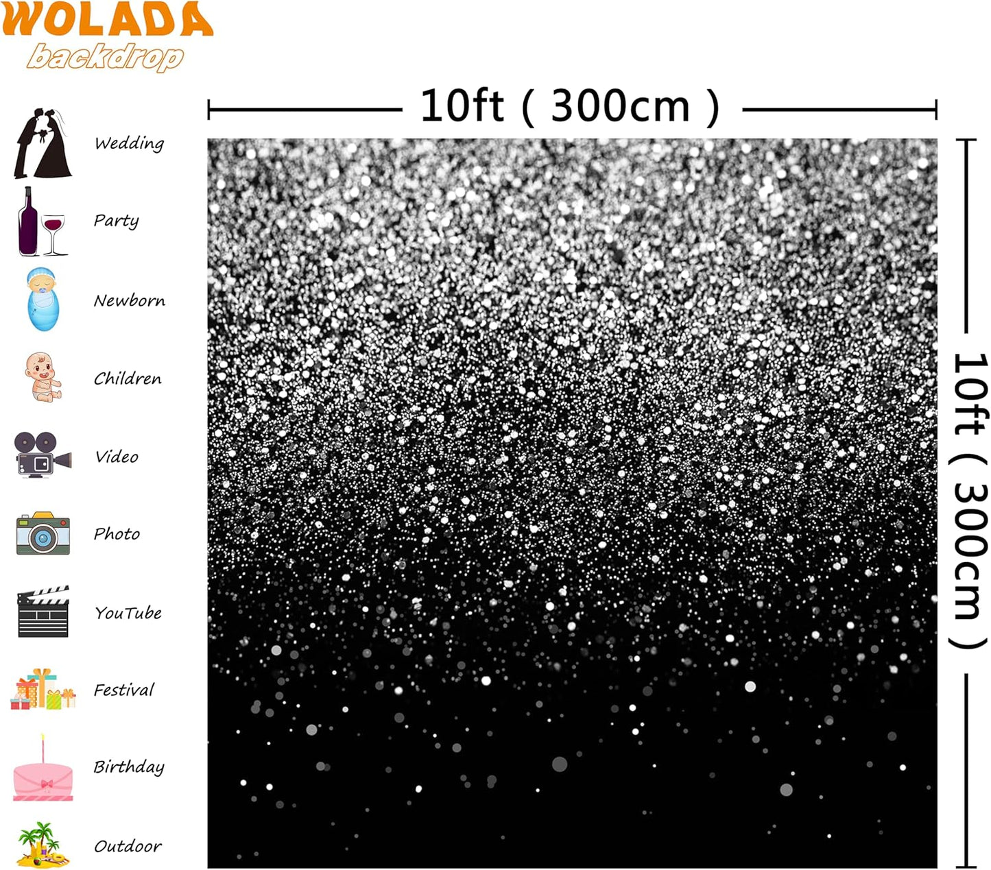 WOLADA Black and Silver Backdrop Silver Glitter Backdrop for Photography Wedding Birthday Baby Shower Party Photo Studio 10x10FT FW18