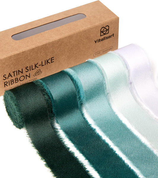 Vitalizart Silk Like Satin Ribbon 1 inch x 25 Yard Green & Sage Handmade Frayed Ribbons for Gift Wrapping Baby Shower Wedding Bridal Bouquets Holiday Decor