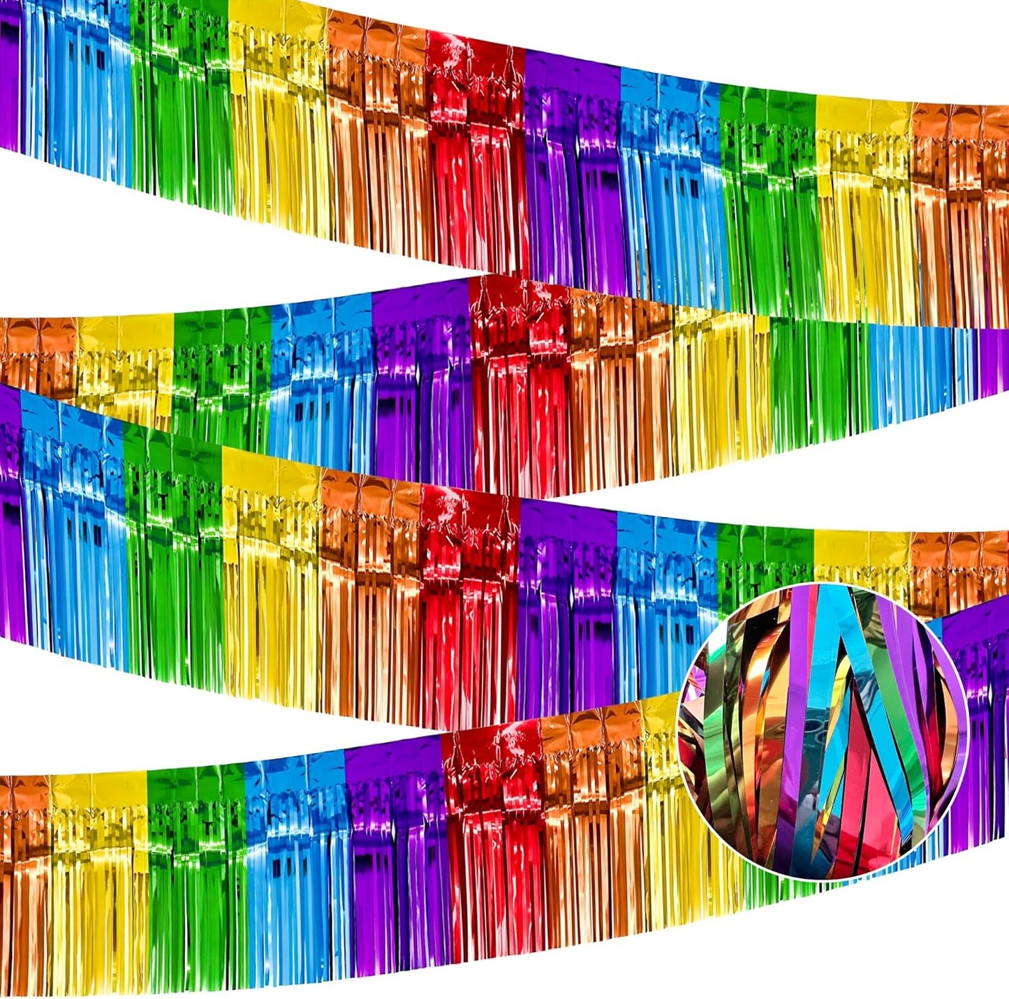 4 Pack 10 Feet Colorful Foil Fringe Garland Rainbow Tinsel Streamers Banner Fringe Curtain Banner for Parade Floats Graduation Homecoming Carnival Birthday Pride Party Decor (Rainbow)