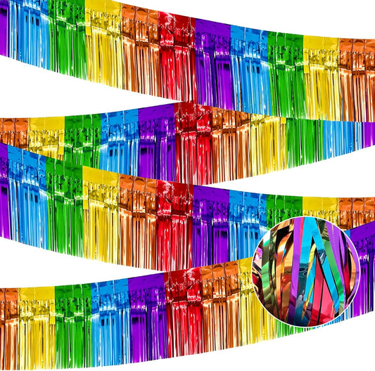 4 Pack 10 Feet Colorful Foil Fringe Garland Rainbow Tinsel Streamers Banner Fringe Curtain Banner for Parade Floats Graduation Homecoming Carnival Birthday Pride Party Decor (Rainbow)