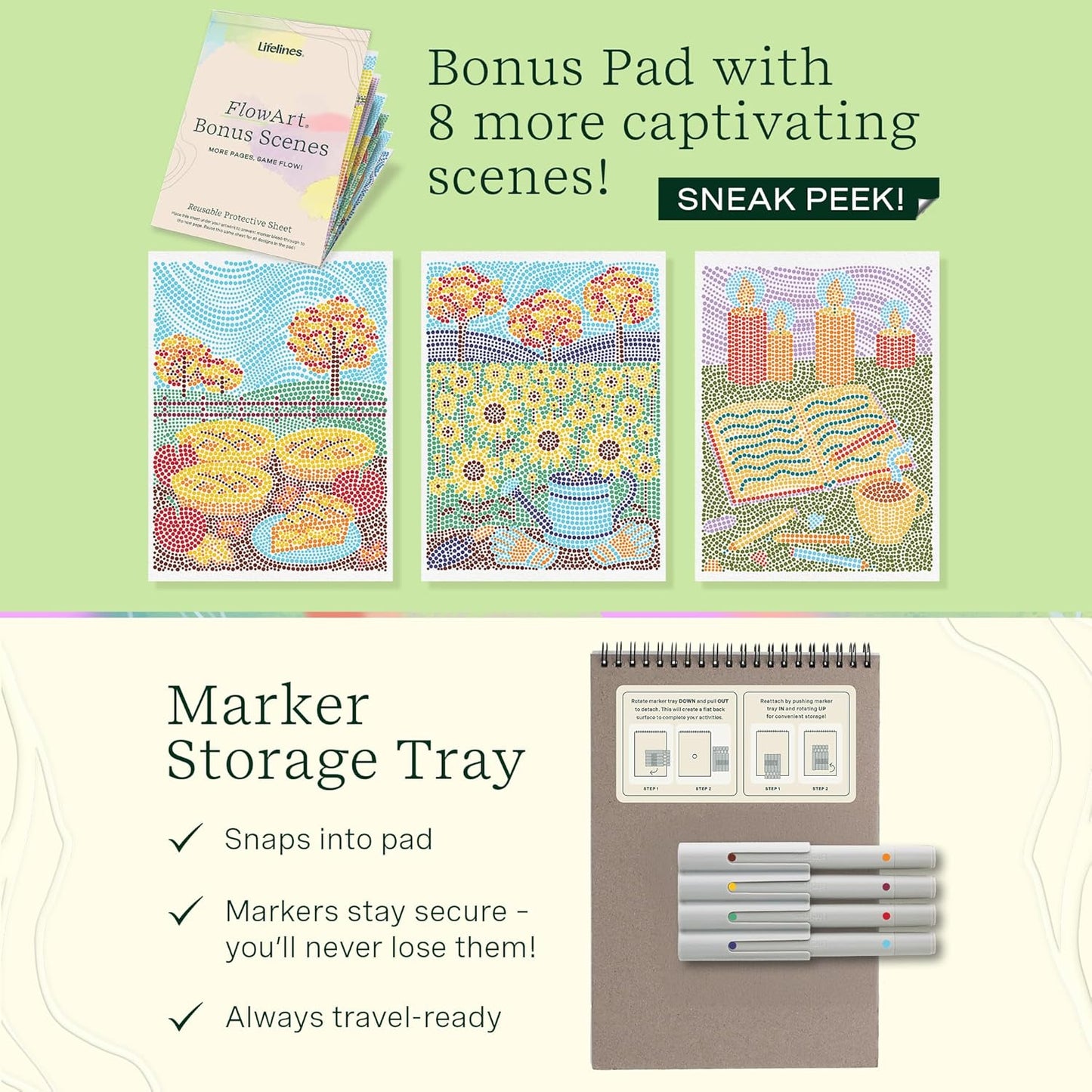 Lifelines FlowArt Activity Pad, 2-Pack Fall Set + Bonus Pad - Guided Dot-by-Letter Art Meditations with Markers - Color by Number/Letter and More Coloring Books for Teens, Adults & Seniors