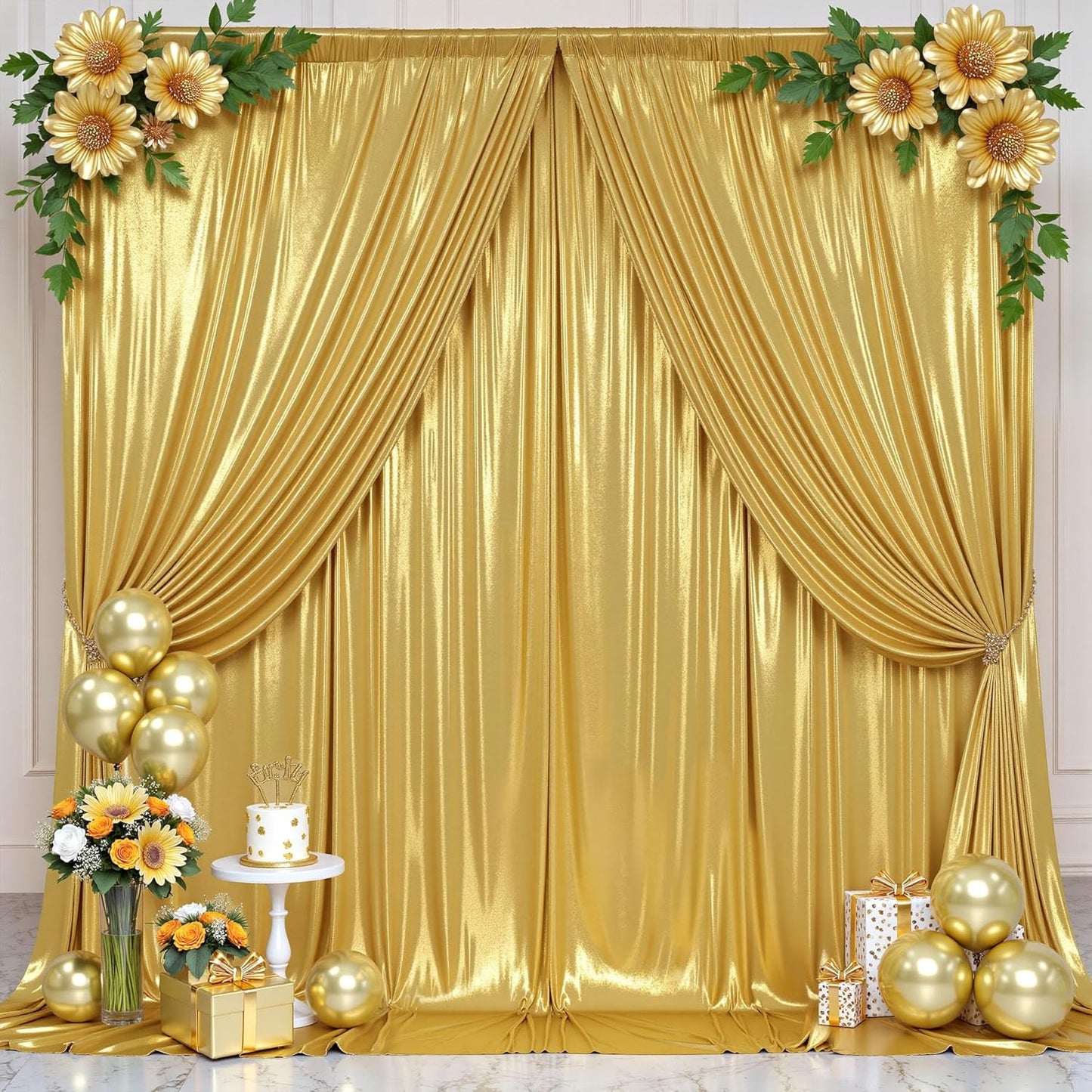 20ft x 10ft Gold Sequin Backdrop Curtain for Parties, Wrinkle Free Thick Glitter Photo Backdrop Drapes 4 Panels 5x10FT Back Drop Cloth Shiny Fabric for Wedding Birthday Photography Background