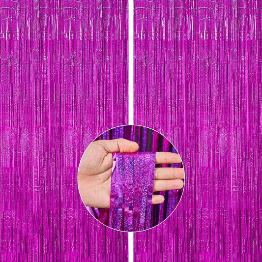 PartyWoo Foil Fringe Curtain Hot Pink, 2 pcs Hot Pink Streamers, Fringe Backdrop, Tinsel Backdrop, Tinsel Curtain, Metallic Door Shimmer, Birthday Party Streamers