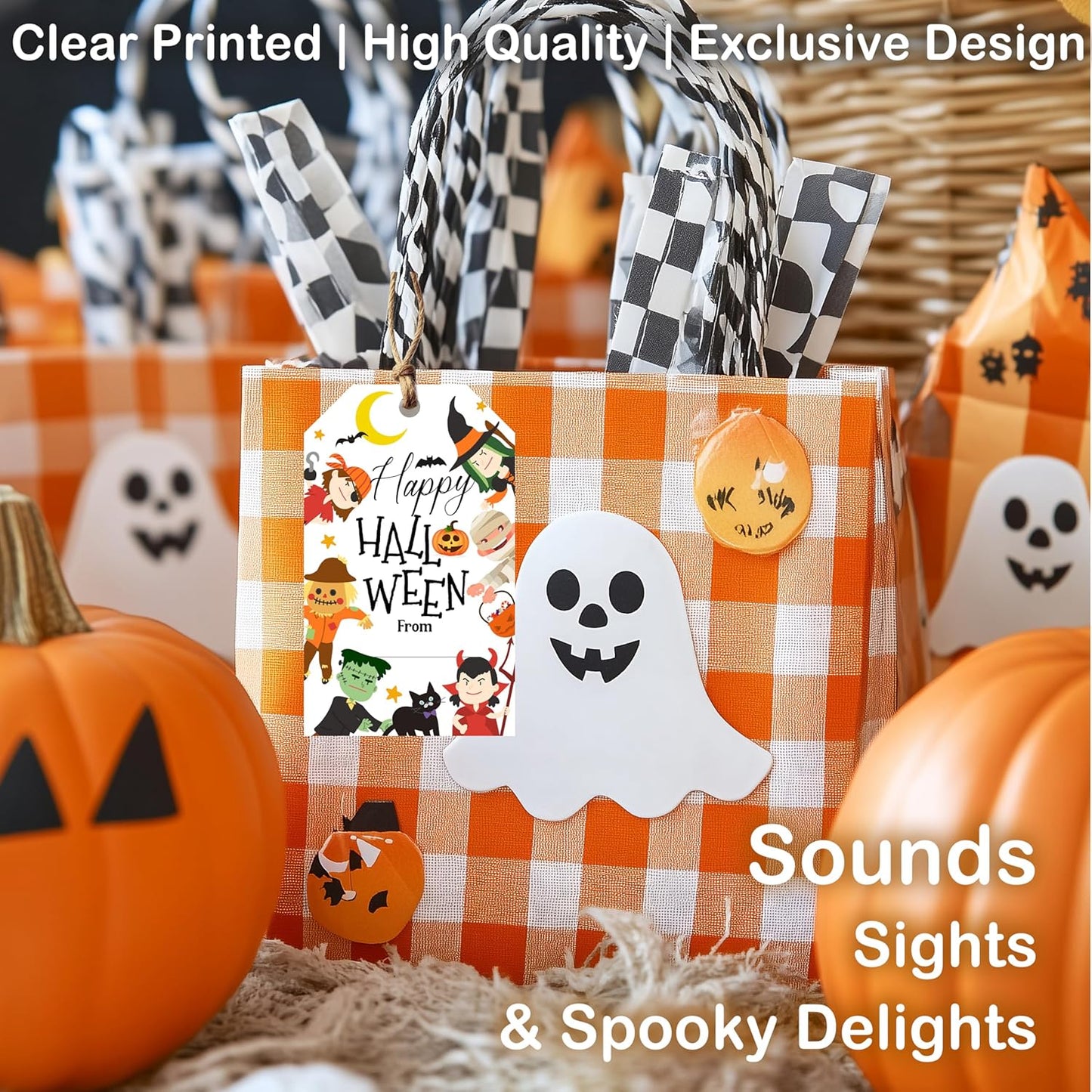 50 Pcs Halloween Tags with String, 2.1"×3.5" Pumpkin Paper Gifts Tags, Ghost Trick or Treat for Candy, Black Cat Happy Halloween Gifts Tag Wrap for Party Favor - B02