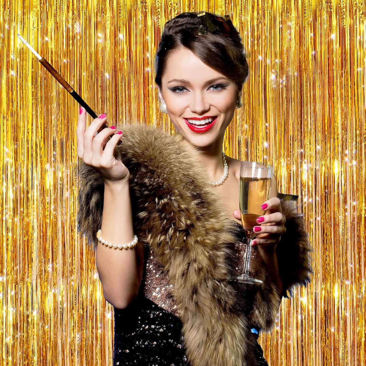 2Pack Gold Party Streamers, Gold Metallic Tinsel Streamers for Birthday Wedding Party Decors Graduation, Baby Shower, Photo Booth Props for Bachelorette Decors Xmas Halloween Party Supplies Backdrop